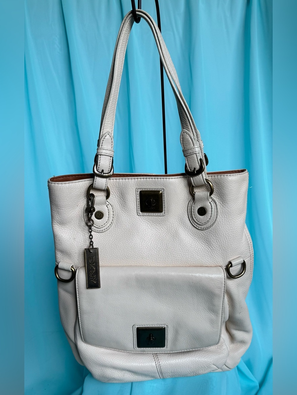 DKNY Cream Leather Tote with Front Pocket and Branded Tag